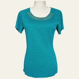 R.Q.T. blue-green knit top blouse short sleeve ribbed silvery chain adornments L